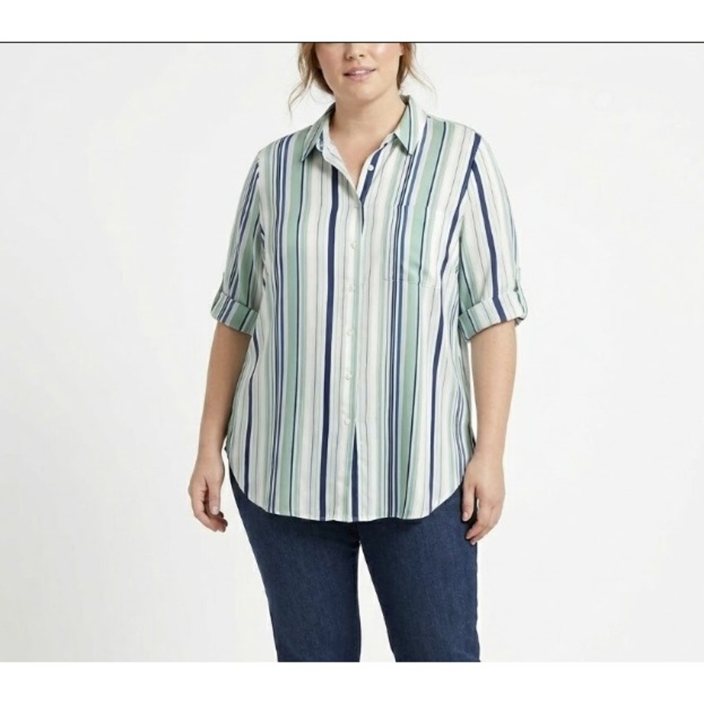 New Chico's Blue Green Striped Rolled Sleeve Satin‎ Button Down size 16/18